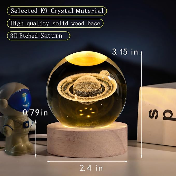 3D Saturn Crystal Ball with LED Stand, 60mm Glass Sphere Decorative Balls Lamp, Space Planet Model Galaxy Night Light Gifts for Women Kids - Bloomnest