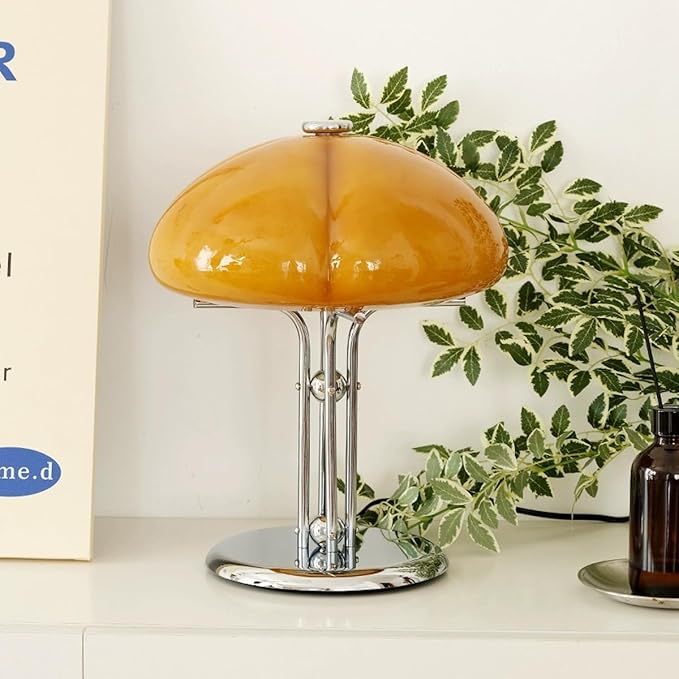 Mushroom Table Lamp with Caramel Lampshade,Art Deco Glass Desk Light with Chrome Base,Dimmable Small Nightstand Lamp,Mid Century Table Light for Living Room Bedroom - Bloomnest