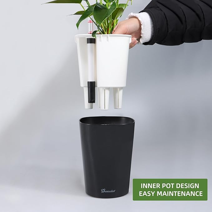Dexceder 6x7 Self Watering Planter Indoor Outdoor, High Gloss Table Flower Plant Pot with Water Level Indicator (Black) - Bloomnest