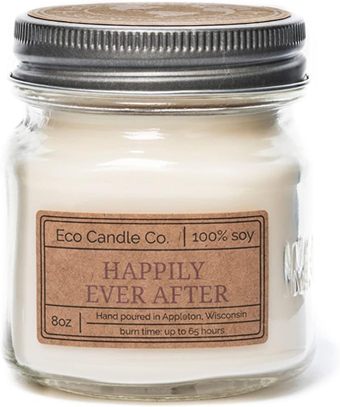ECO CANDLE CO. Mason Jar Candle, Happily Ever After, 8 oz. - Scents of Wedding Bouquets - 100% Soy Wax, No Lead, Kraft Label & Antiqued Pewter Lid, Hand Poured, Made from Midwest Grown Soybeans - Bloomnest