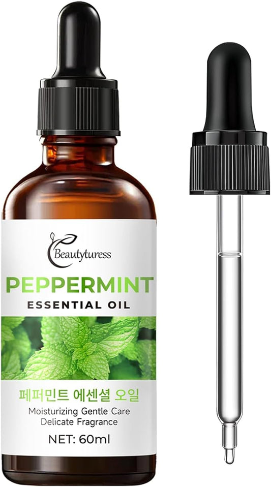 Peppermint Essential Oil 60ml-100% Pure & Natural Therapeutic Grade for Diffuser, Skincare & Hair Care-Invigorating & Refreshing Aroma for Focus, Stress Relief & Energy-Amber Glass Bottle with Dropper OKADY
