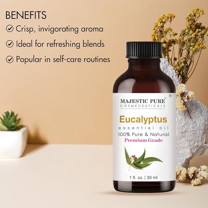 Majestic Pure Essential Oil with Glass Dropper - 100% Pure and Natural - Essential Oils for Diffuser, Aromatherapy, Soap and Candle Making, Eucalyptus Essential Oil, Eucalyptus Oil, 1 Fl Oz - Bloomnest