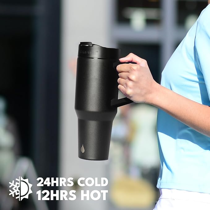 Elemental 32 oz 100% Leak Proof Tumbler with Handle & Straw - Stainless Steel Double Wall Insulated Tumbler for Hot and Cold Beverages - Travel Coffee Mug with Sip & Straw Lid - Black - Bloomnest
