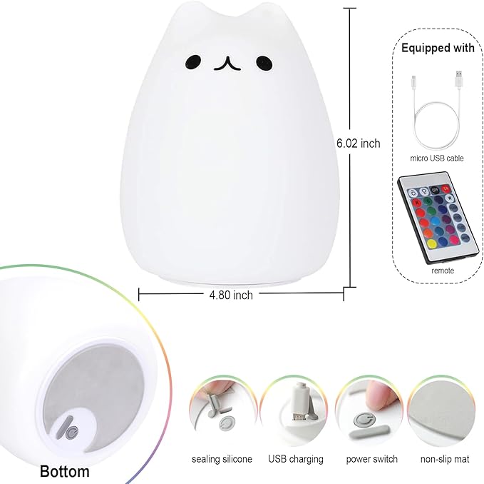 Cat Lamp, Cute Kitty Night Light with Remote Control, Christmas Gifts for Girls Boys Teens, Rechargeable Kids Night Light for Bedroom, Silicone Kawaii Kitty Baby Nursery Nightlight Lamp - Bloomnest