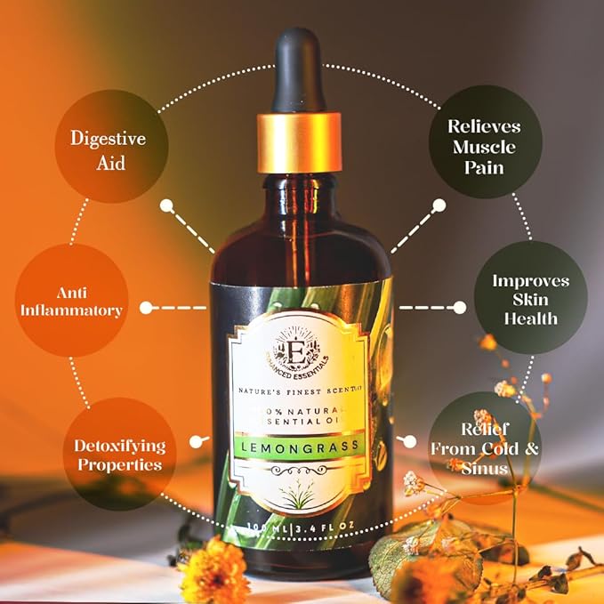 Luxurious LEMONGRASS Essential Oil by Enhanced Essentials|Slow Distilled, Highly Concentrated & Pure oils for Diffusers,Aromatherapy,Gifting,Soap & Candle making|Ideal for Business|3.38 fl oz (100 ml) - Bloomnest