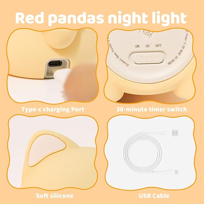 Cute Red Panda Night Light,Rechargeable Lamp for Kids Room with Timer,Cute Stuff Desk Decor Dimmable Touch Silicone Animal Night Light for Kids,Squishy Lamp for Baby Nursery Bedroom - Bloomnest