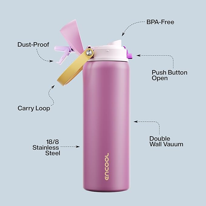 Insulated Water Bottle with Straw - Encool Stainless Steel Water Bottle with Push Button Lid, Leak-Proof & BPA-Free, Keeps Cold for 24 Hours for Sports, Travel, Gym (32 oz, Light Orchid-Fuchsia) ENCOOL