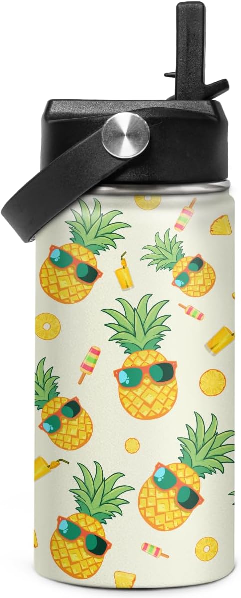 Kids Water Bottle Pineapple Water Bottles 12oz with Straw Insulated Stainless Steel Travel School Tumbler Double Wall Vacuum Cup for Girls Kid Boys - Bloomnest