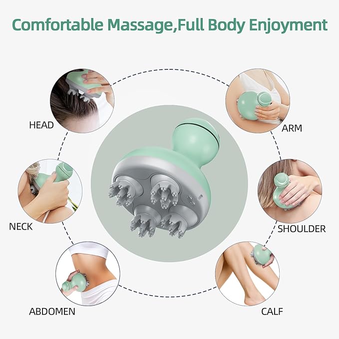 cotsoco Electric Scalp Head & Back Massager, Cordless Hair Massage Waterproof Head Massager with 4 Heads 84 Nodes for Hair Growth, Stress Relief & Deep Clean, Gifts for Men Women, Green cotsoco
