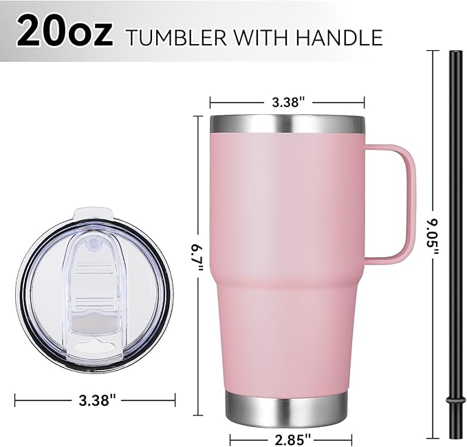 VEGOND 20 oz Tumbler Bulk with Handle Lid and Straw, Stainless Steel Insulated Travel Coffee Mug Set, Spill Proof Double Wall Metal Tumblers Cups, Pink 6 Pack - Bloomnest