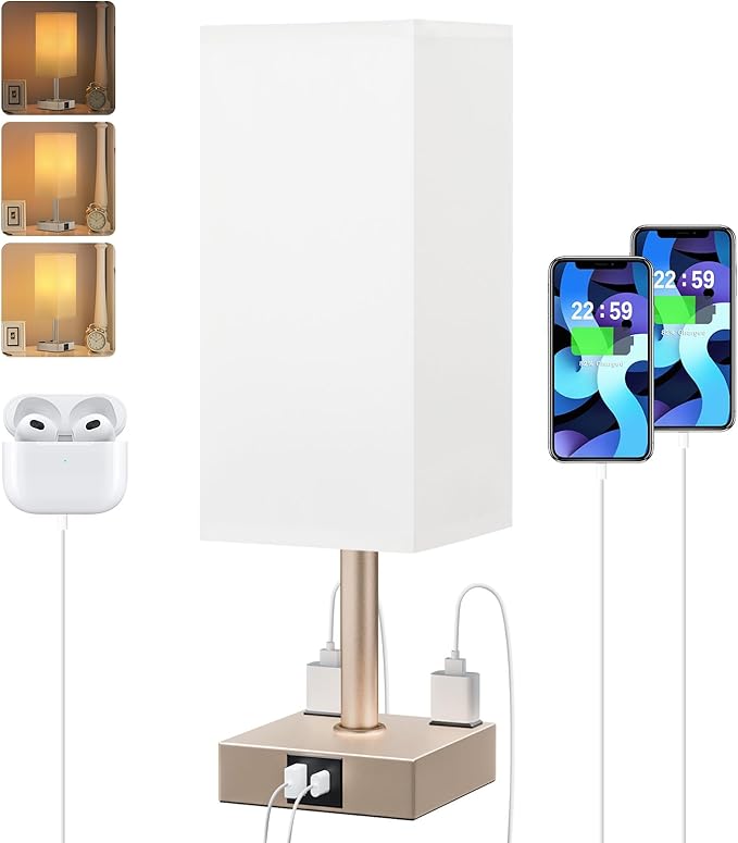 Antique White Touch Table Lamp - Mochaca Gold Bedside Lamp with USB A + Type C Charging Ports and Two AC Outlets, Small Night Stand with E26 LED Bulb, Desk Light for Bedroom Living Room Office Dorm - Bloomnest