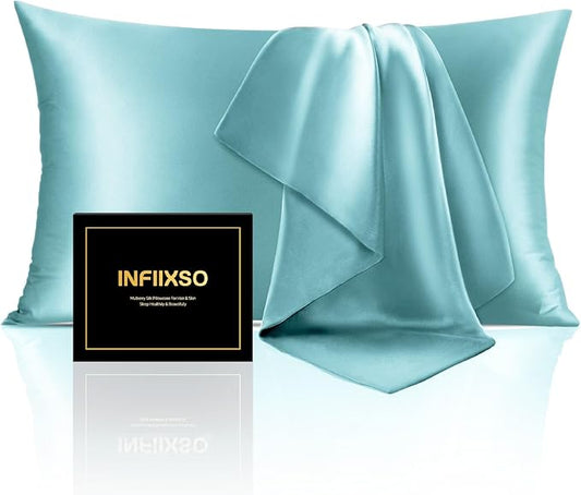 INFIIXSO Mulberry Silk Pillow Cases King Size Set of 2, Silk Pillowcase with Hidden Zipper 20"x36", Extraordinary Smooth and Soft Pillow Case for Hair and Skin(Ocean Mist, 2 Pack) - Bloomnest