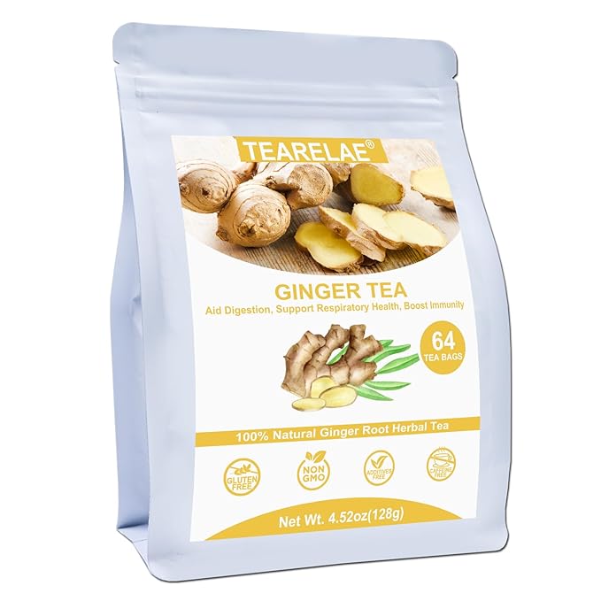 TEARELAE - Ginger Tea Bags, 64 Count - 100% Pure Ginger Root Tea, Soothing & Spicy - Non-GMO - Caffeine-free - Aid Digestion & Support Respiratory - Bloomnest