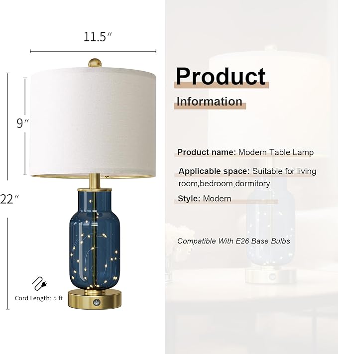 Oneach 22" Glass Table Lamps Set of 2, Blue Modern Bedside Lamp with LED Night Light for Living Room, Nightstand Lamp with USB Ports for Bedrooms, Study Room, End Table(2 Bulbs Included) - Bloomnest