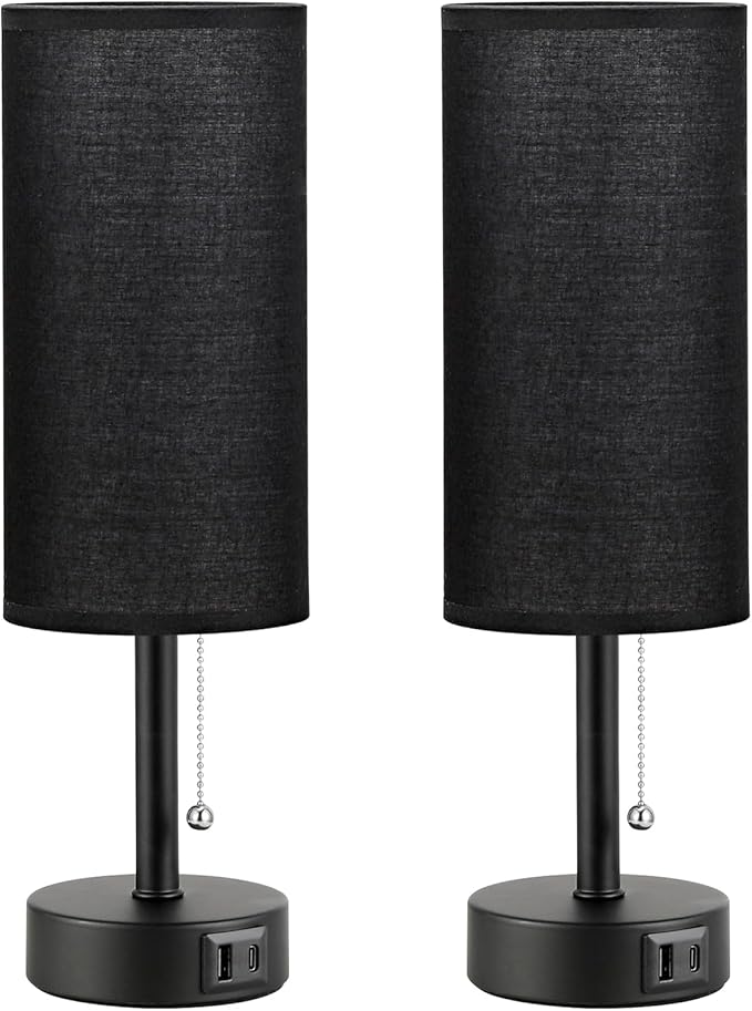 Black Bedside Lamps for Bedroom Set of 2 - Nightstand Table Lamp with USB Charging Port, Pull Chain Night Stand Light, Side Table Desk Reading Lamp for Living Room/Dorm/Bathroom/Kitchen - Bloomnest