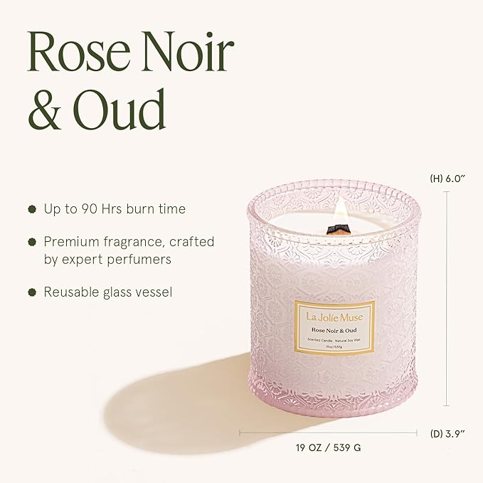 LA JOLIE MUSE Rose Noir & Oud Scented Candle – Lemon, Rose & Oud |19 oz Large Wooden Wick Candle | Natural Soy Wax | 90 Hours Clean Burn | Gift-Ready for Hosts & Gatherings | Elegant Home Décor - Bloomnest