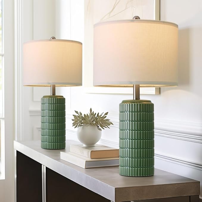 PoKat 24" Modern Ceramic Table Lamps Set of 2 for Bedroom, Green Bedside Lamps for Night Stands, Farmhouse House Decor Nightstand Table Lamps for Living Room End Table Green - Bloomnest