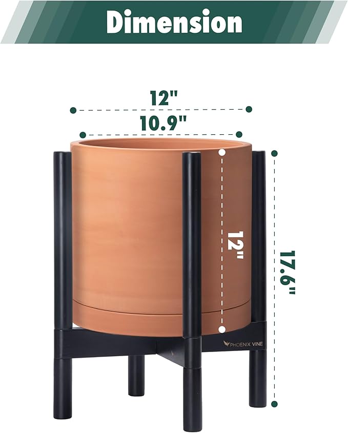 D'vine Dev Terracotta Planter with Ebony Stand - 12 Inch Modern Round Flower Pot with Wood Planter Holder, Terracotta, 55-B-H-5 - Bloomnest
