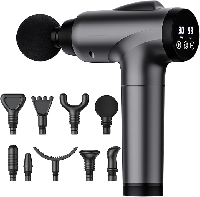 Massage Gun Deep Tissue, Handheld Electric Muscle Massager, High Intensity Percussion Massage Device for Pain Relief with 9 Attachments & 30 Speed(Grey) - Bloomnest