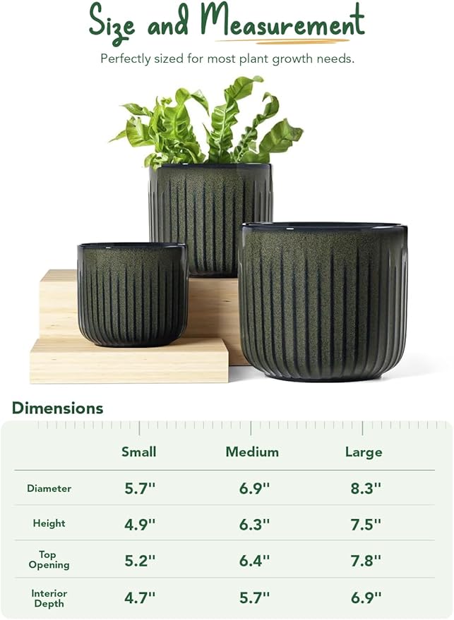 LE TAUCI Fluted Ceramic Planters Set of 3 – 8.3/7 / 5.7 in Dark Olive Reactive Cylinder Indoor Plant Pots with Drainage Plug & Mesh, Glossy Stoneware Flower Pots for Succulents Herbs - Bloomnest