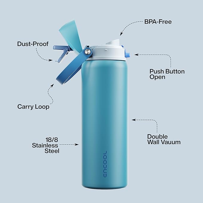 Insulated Water Bottle with Straw - Encool Stainless Steel Water Bottle with Push Button Lid, Leak-Proof & BPA-Free, Keeps Cold for 24 Hours for Sports, Travel, Gym (32 oz, Silk Blue) ENCOOL