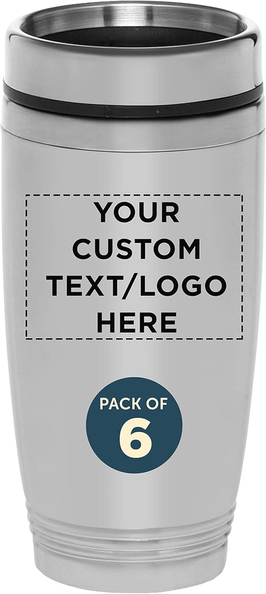 DISCOUNT PROMOS Custom Stainless Steel Tumblers 16 oz. Set of 6, Personalized Bulk Pack - Perfect for Coffee, Soda, Other Hot & Cold Beverages - Silver