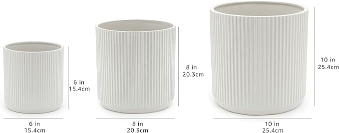 Amazon Basics Assorted Sizes Fluted Ceramic Round Indoor Outdoor Planters with Drainage, Set of 3, Modern Design, 6 inch, 8 inch, 10 inch, White - Bloomnest