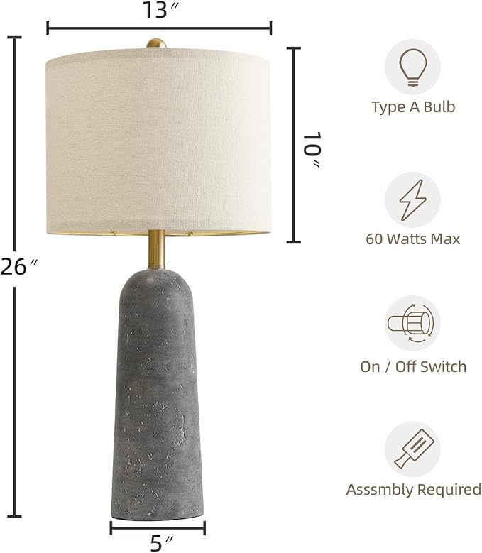 BOBOMOMO 27.25" Modern Table Lamp Set of 2, Gray Resin Lamp with Natural Stone Look, Travertine Lamps for Living Room with Linen Shades, Nightstand Lamp for Bedroom, Living Room, Entryway - Bloomnest