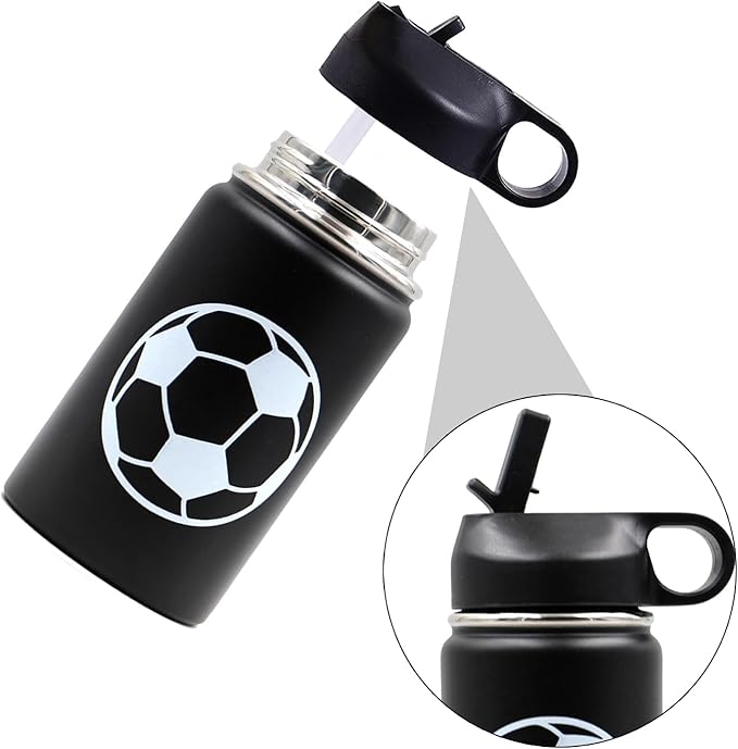 12 oz Soccer Water Bottle with Straw, Sports Flask Metal Travel Tumbler with 2 Lids, BPA Free Stainless Steel Double Wall Vacuum Insulated Leak Proof Thermo Water Bottles, Soccer Gifts for Boys Girls - Bloomnest