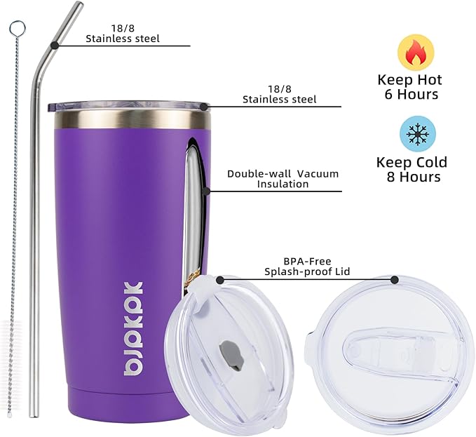 BJPKPK Purple Insulated Tumbler With Lid And Straw 20 oz Stainless Steel Tumblers Coffee Thermal Cup - Bloomnest