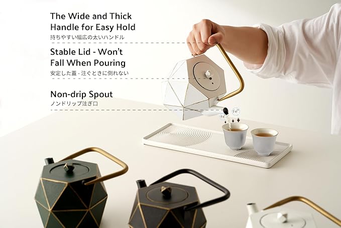Toptier Cast Iron Teapot, Stovetop Safe Japanese Cast Iron Tea Kettle, Diamond Design Tea Pot with Removable Infuser for Loose Tea, 30 Ounce (900 ml), White - Bloomnest