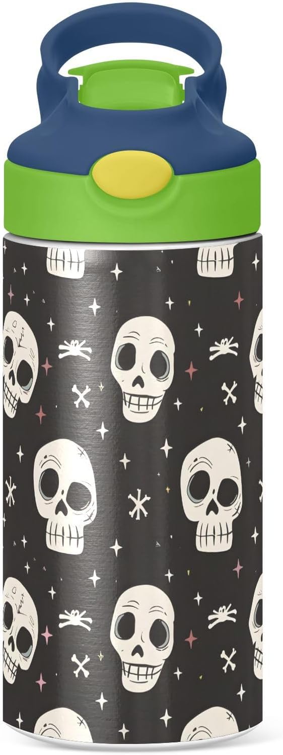 Human Skeleton Funny Skull Kids Water Bottle with Straw Lid Insulated Tumbler with Handle Stainless Steel Reusable Toddlers Cup for Kids Boys 12 oz - Bloomnest