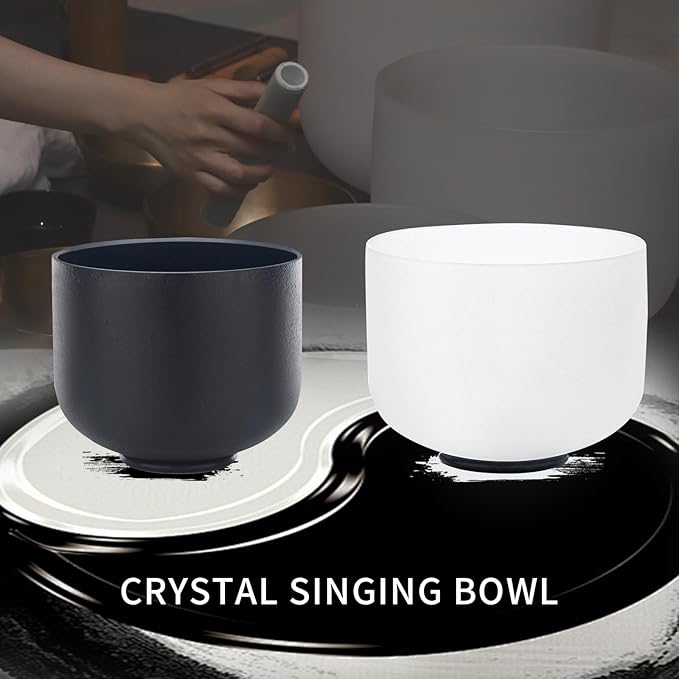 Hye-eun Crystal Singing Bowl Set, 2 PCS Yin and Yang 432 Hz 8"A Black and 10"F White Sound Meditation Mutual Attraction Chakra Bowls with Carry Case for Yoga Sound Healing Energy Vibration - Bloomnest