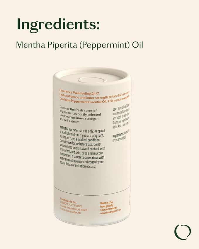 LIVEDROPS 24/7 Confident Peppermint Essential Oil, Natural Vegan Aromatherapy for Diffuser or Diluted Skin Use, Cooling Mint Scent, Steam Distilled Made in USA, Clinically Tested, 10ml - Bloomnest