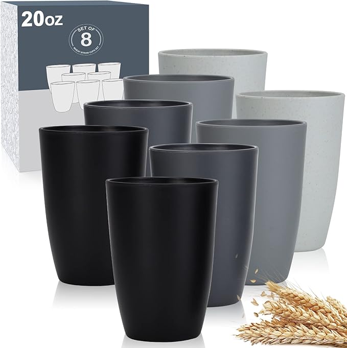 Wheat Straw Cups 8 PCS Good Alternative to Plastic Reusable Cups 20 oz Unbreakable Drinking Cup Reusable Dishwasher Safe Water Plastic Glasses Classic Series - Bloomnest
