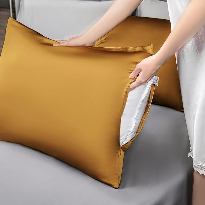 Mulberry Silk Pillowcase for Hair and Skin,Queen Size Cooling Silk Pillow Case with Hidden Zipper,Allergen Proof Dual Sides Soft Breathable Smooth Silk Pillow Cover for Women(Queen,Golden) - Bloomnest