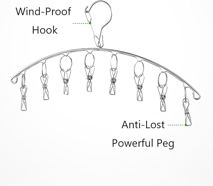 2Pcs Clothes Drying Hanger with 16 Clips, Stainless Steel Sock Air Drying Rack, Windproof Anti-Lost for All Small Laudry Item and Herbs - Bloomnest