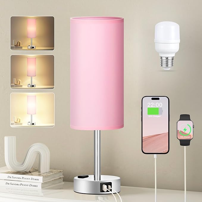 Fenmzee Pink Lamp for Bedroom Nightstand - 3 Way Dimmable Touch Table Lamp USB C Charging Ports, Small Lamp with AC Outlet for Desk Girls Room, LED Bulb Included - Bloomnest