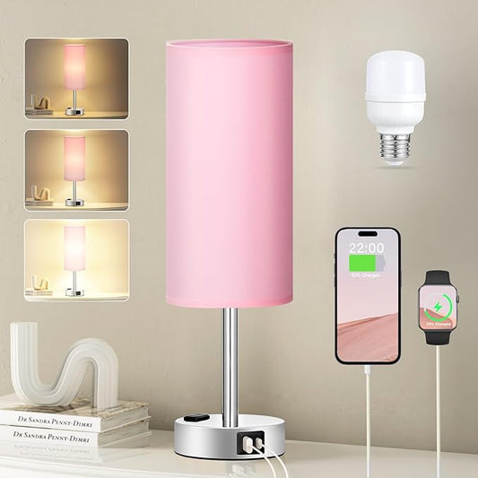 Fenmzee Pink Lamp for Bedroom Nightstand - 3 Way Dimmable Touch Table Lamp USB C Charging Ports, Small Lamp with AC Outlet for Desk Girls Room, LED Bulb Included - Bloomnest