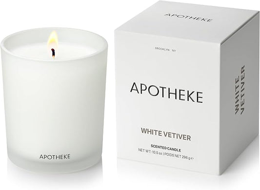 Apotheke Signature Scented Candles for Home, White Vetiver - 10.5 oz - Soy Wax, Non Toxic, Large Jar White - Luxury Candle Gifts for Women & Men - Sandalwood, Eucalyptus, and Vetiver - Bloomnest