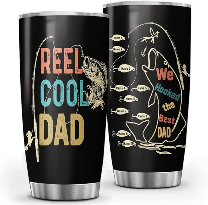 Custom Reel Cool Dad Fishing Papa Grandpa Dad Personalized Tumbler Cup Father's Day Gift, Gift For Dad, Father, Papa, Grandpa 20oz Insulated Coffee/Tea Tumbler with Lid - Bloomnest