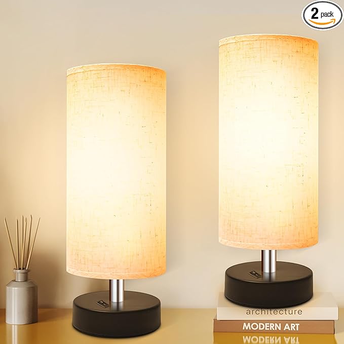 Small Lamp for Bedroom, Bedside Lamps for Night Stands, Mini Minimalist Table Lamp with Round Flaxen Fabric Shade, 11.8 Inch Desk Reading Lamp for Dorm Room Living Room Office Room, 2 Pack - Bloomnest