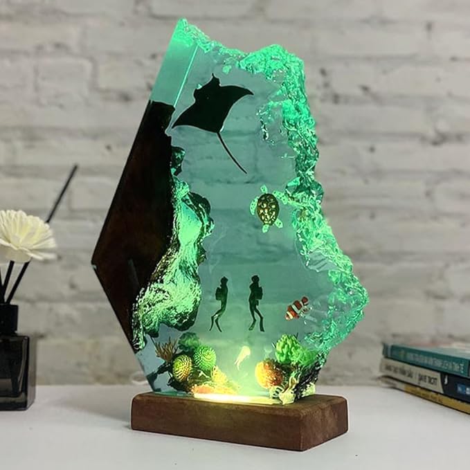 Handmade 3D Ocean Resin Lamp - USB Powered Resin Ocean Night Light with Wooden Base, Variable Lights, Scuba Diver Gifts, Diving Enthusiast Collectibles, Unique Thanksgiving Day and Christmas Gifts - Bloomnest