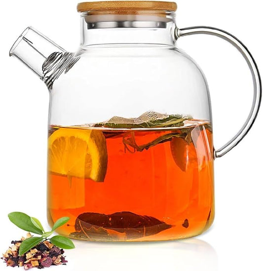 60.8oz Glass Teapot, Stovetop & Microwave Safe Glass Borosilicate Tea Pot,Clear Teapot with Strainer, Glass Tea Kettle with Wooden Lid, Loose Leaf、Fruit Tea and Fragrant Tea - Bloomnest