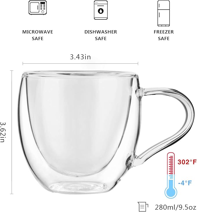 CNGLASS Double Wall Glass Coffee Mugs with Handle,10oz Clear Insulated Glass Espresso Cups for Hot and Cold Beverages,Latte,Cappuccino,Set of 2 - Bloomnest