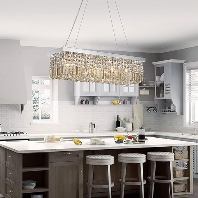 Saint Mossi 5-Lights Modern K9 Crystal Chandelier, Crystal Pendant Light Fixture, H9 x W10 x L31, Chain Adjustable Max 59“, Champagne Crystal & Chrome Finish - Bloomnest