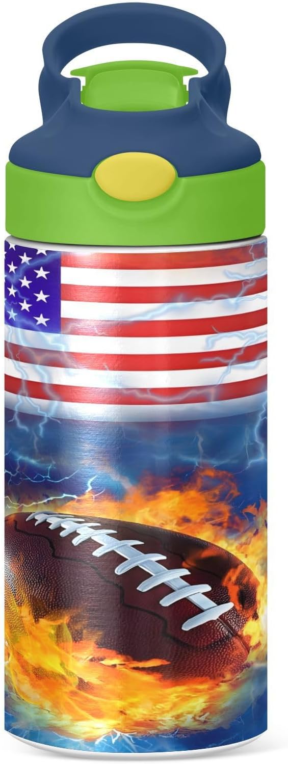 Rugby Football America Kids Water Bottle with Straw Lid Insulated Tumbler with Handle Stainless Steel Reusable Toddlers Cup for Kids Boys 12 oz - Bloomnest