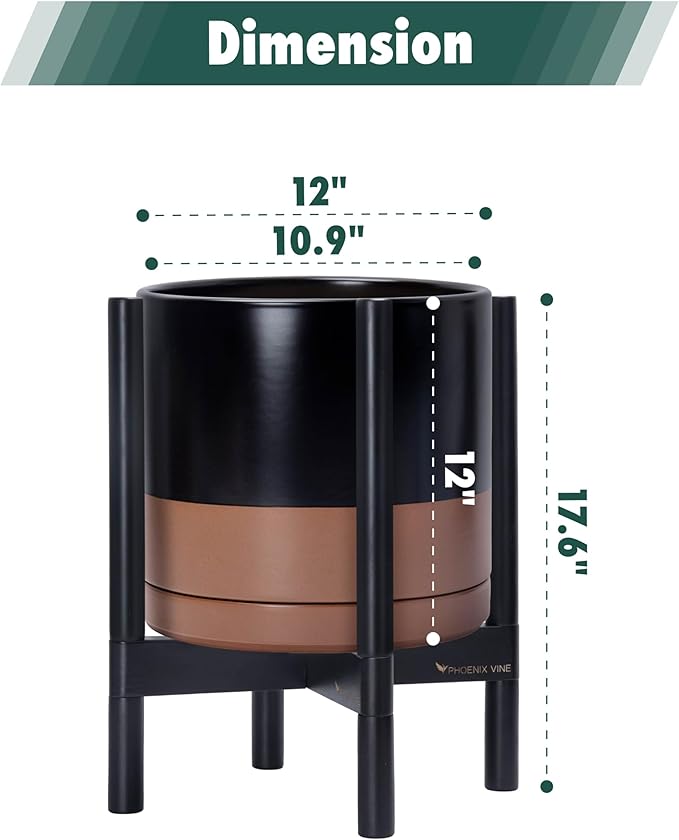 D'vine Dev Ceramic Planter with Ebony Stand - 12 Inch Modern Round Flower Pot with Wood Planter Holder, Black/Speckled Tan, 55-B-H-7 - Bloomnest