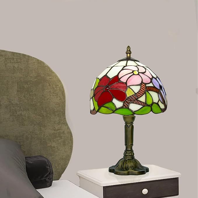 8 Inch Tiffany Lamp, Small Stained Glass Lamp for Bedside, Living Room, Red Rose - Bloomnest