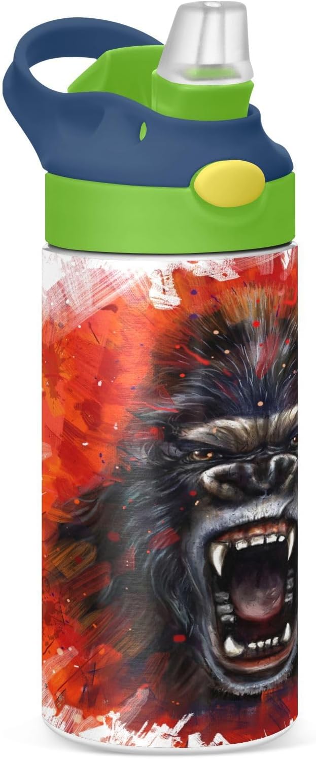 King Kong Kids Water Bottle with Straw Lid Insulated Tumbler with Handle Stainless Steel Reusable Toddlers Cup for Kids Boys 12 oz - Bloomnest